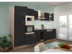 Respekta Küchenzeile ohne E-Geräte 340 cm Schwarz Seidengl.-Eiche York