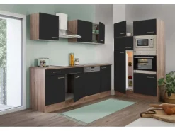 Respekta Küchenzeile ohne E-Geräte 340 cm Schwarz Seidengl.-Eiche York