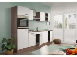 Respekta Küchenzeile ohne E-Geräte 270 cm Weiß Seidengl.-Eiche York