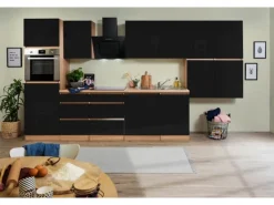 Respekta Küchenzeile ohne E-Geräte 380 cm Grifflos Schwarz Hochgl.-Eiche Sägerau