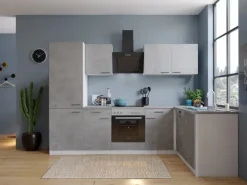 Respekta L-Küchenblock Malia 280 cm Beton Fronten inkl. Kühl-/Gefrierkombination