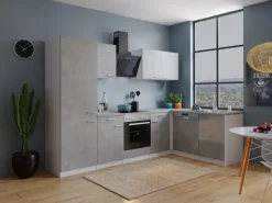 Respekta L-Küchenblock Malia 280 cm Beton Fronten inkl. Kühl-/Gefrierkombination