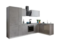 Respekta L-Küchenblock Malia 310 cm Beton Fronten inkl. Kühl-/Gefrierkombination