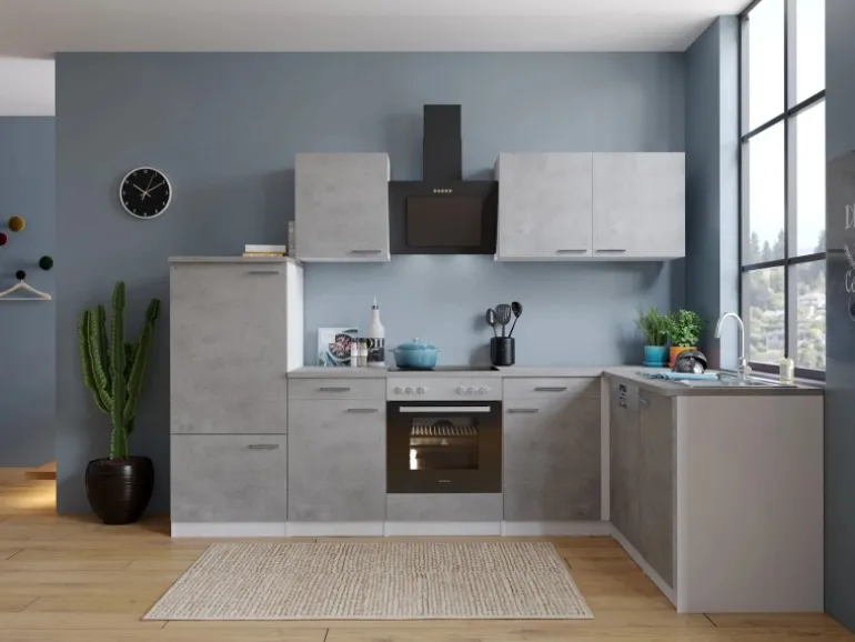 Respekta L-Küchenblock Malia mit E-Geräten 280 cm Beton Fronten
