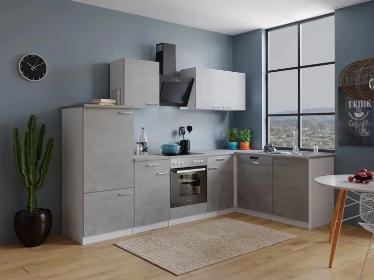 Respekta L-Küchenblock Malia mit E-Geräten 280 cm Beton Fronten