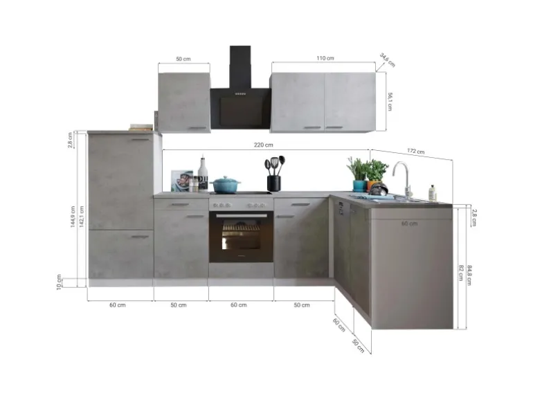 Respekta L-Küchenblock Malia mit E-Geräten 280 cm Beton Fronten