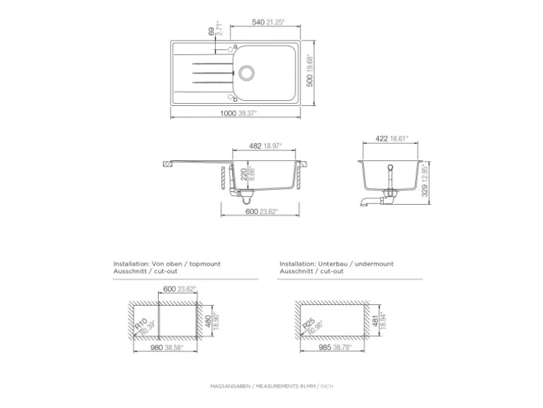 Respekta Massivgranit-Einbauspüle Orlando 100 cm x 50 cm Schwarz