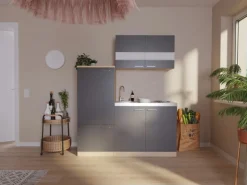 Respekta Miniküche KB160ESG 160 cm Grau-Eiche Sonoma Sägerau Nachbildung