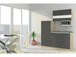 Respekta Miniküche KB160ESGMI 160 cm Grau-Eiche Sonoma Nachbildung Mikrowelle
