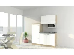 Respekta Miniküche KB160ESWMI 160 cm Weiß-Eiche Sonoma Nachbildung Mikrowelle