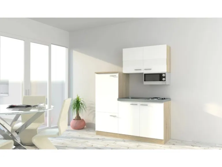 Respekta Miniküche KB160ESWMI 160 cm Weiß-Eiche Sonoma Nachbildung Mikrowelle