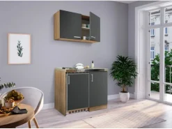 Respekta Miniküche MK100ESGOS 100 cm Grau-Eiche Sägerau Nachbildung