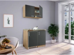 Respekta Miniküche MK100ESGOSC 100 cm Grau-Eiche Sägerau Nachbildung
