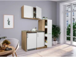 Respekta Miniküche MK130ESWOSC 130 cm Weiß-Eiche Sägerau Nachbildung