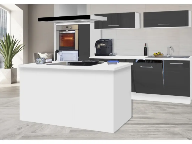 Respekta Premium Inselküche 310 cm Grau Hochglanz-Weiß