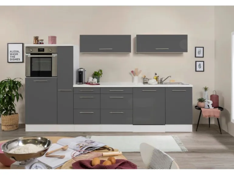 Respekta Premium Inselküche 310 cm Grau Hochglanz-Weiß