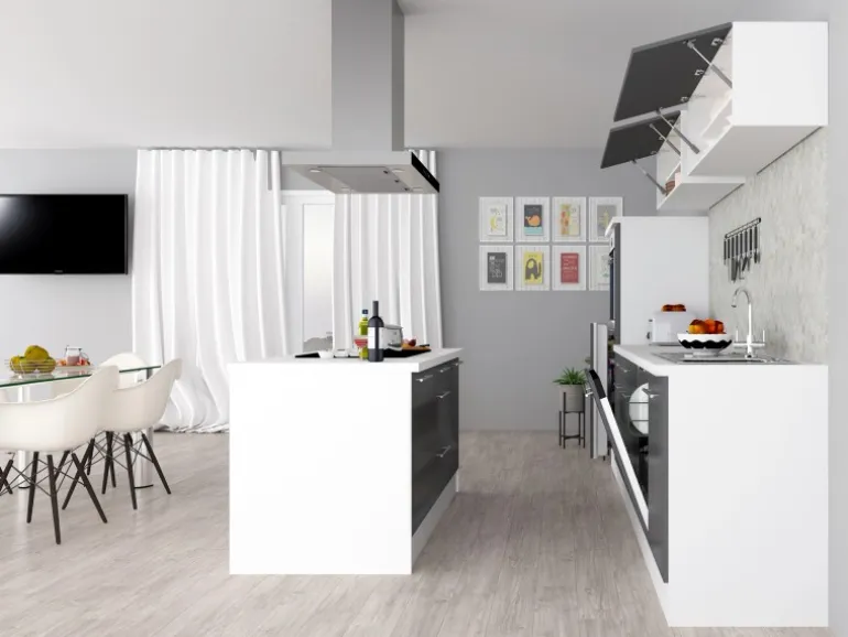 Respekta Premium Inselküche 310 cm Grau Hochglanz-Weiß