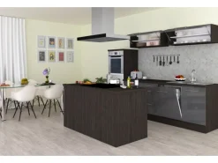 Respekta Premium Inselküche 280 cm Grau Hochglanz-Eiche Grau