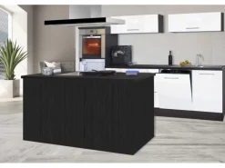 Respekta Premium Inselküche 280 cm Weiß Hochglanz-Eiche Grau