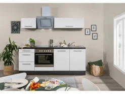 Respekta Premium Küchenzeile 210 cm Weiß Hochglanz-Eiche Grau mit 60 l Ofen