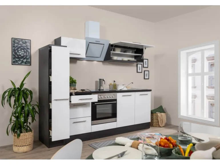 Respekta Premium Küchenzeile 240 cm Weiß Hochglanz-Eiche Grau