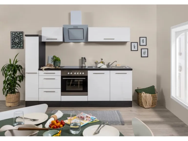 Respekta Premium Küchenzeile 240 cm Weiß Hochglanz-Eiche Grau