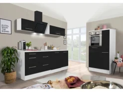 Respekta Premium Küchenzeile 310 cm Hochbau Schwarz Hochglanz-Weiß