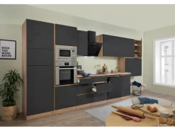 Respekta Premium Küchenzeile Grifflos 445 cm Grau Hochglanz-Eiche Sägerau