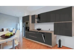 Respekta Premium Küchenzeile Grifflos 445 cm Grau Hochglanz-Eiche Sägerau