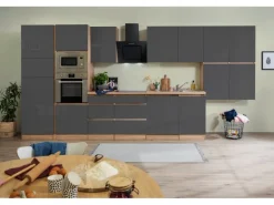 Respekta Premium Küchenzeile Grifflos 445 cm Grau Hochglanz-Eiche Sägerau