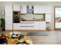 Respekta Premium Küchenzeile Grifflos 385 cm Weiß Hochglanz-Eiche Sägerau