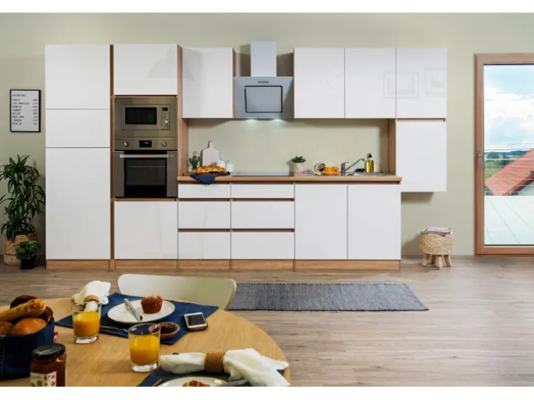 Respekta Premium Küchenzeile Grifflos 385 cm Weiß Hochglanz-Eiche Sägerau