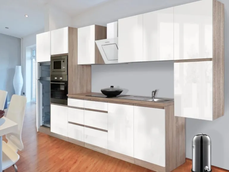 Respekta Premium Küchenzeile Grifflos 385 cm Weiß Hochglanz-Eiche Sägerau