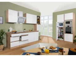 Respekta Premium Küchenzeile Grifflos 385 cm Weiß Hochglanz-Eiche Sägerau