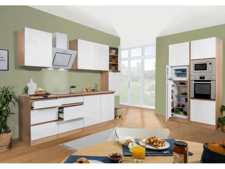 Respekta Premium Küchenzeile Grifflos 385 cm Weiß Hochglanz-Eiche Sägerau