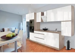 Respekta Premium Küchenzeile Grifflos 385 cm Weiß Hochglanz-Eiche Sägerau