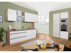 Respekta Premium Küchenzeile Grifflos 385 cm Weiß Hochglanz-Eiche Sägerau