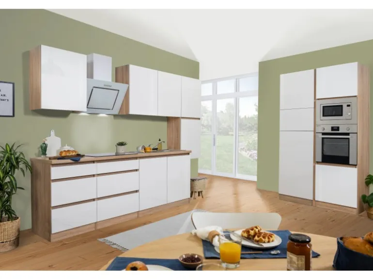 Respekta Premium Küchenzeile Grifflos 385 cm Weiß Hochglanz-Eiche Sägerau