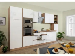 Respekta Premium Küchenzeile Grifflos 385 cm Weiß Hochglanz-Eiche Sägerau