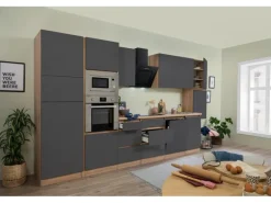 Respekta Premium Küchenzeile Grifflos 395 cm Grau Hochglanz-Eiche Sägerau