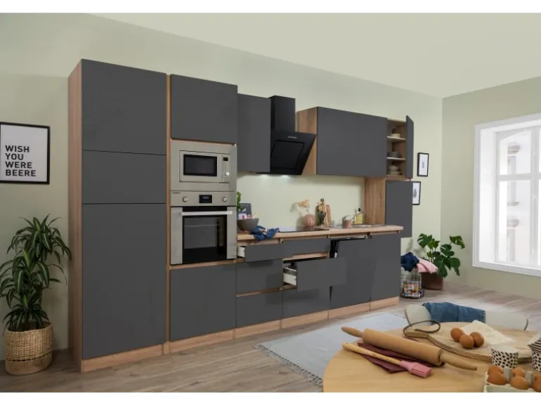 Respekta Premium Küchenzeile Grifflos 395 cm Grau Hochglanz-Eiche Sägerau