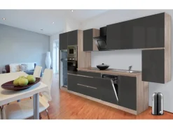 Respekta Premium Küchenzeile Grifflos 395 cm Grau Hochglanz-Eiche Sägerau