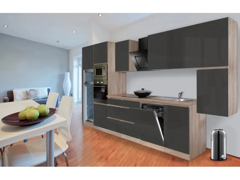 Respekta Premium Küchenzeile Grifflos 395 cm Grau Hochglanz-Eiche Sägerau