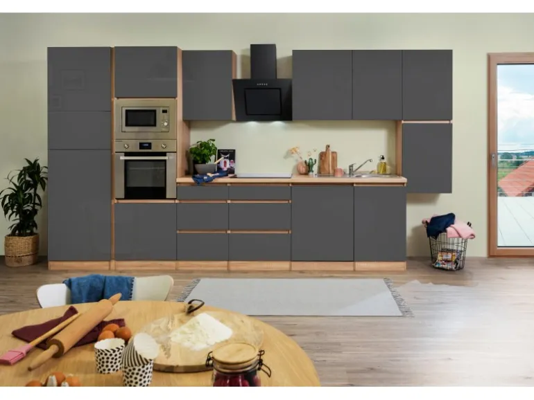 Respekta Premium Küchenzeile Grifflos 395 cm Grau Hochglanz-Eiche Sägerau