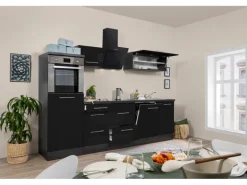 Respekta Premium Küchenzeile 280 cm Hochbau Schwarz Hochglanz-Eiche Grau