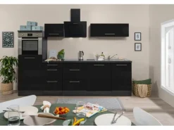Respekta Premium Küchenzeile 280 cm Hochbau Schwarz Hochglanz-Eiche Grau