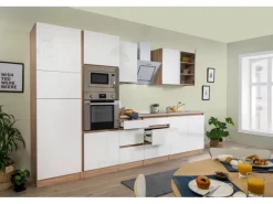 Respekta Premium Küchenzeile Grifflos 335 cm Weiß Hochglanz-Eiche Sägerau