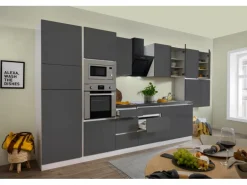 Respekta Premium Küchenzeile Grifflos 435 cm Grau Hochglanz-Weiß