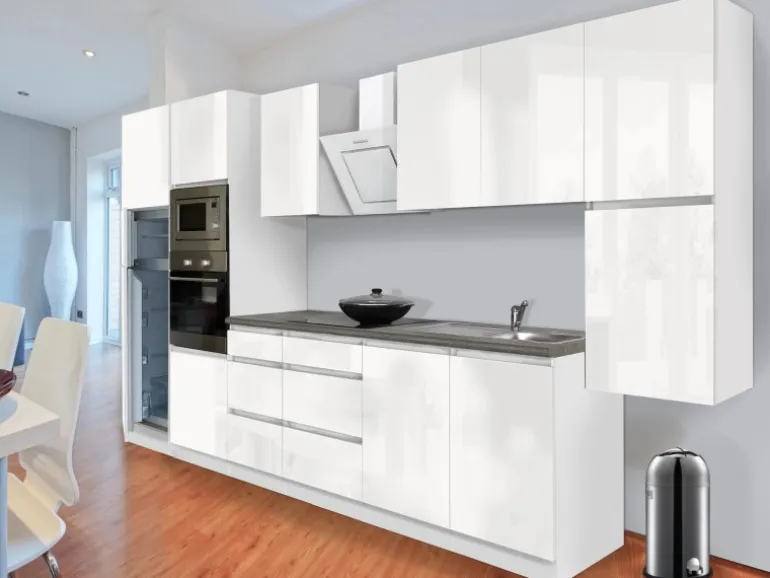 Respekta Premium Küchenzeile Grifflos 385 cm Weiß Hochglanz-Weiß