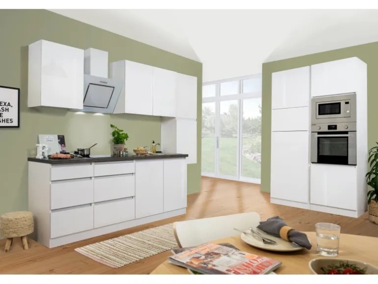 Respekta Premium Küchenzeile Grifflos 385 cm Weiß Hochglanz-Weiß